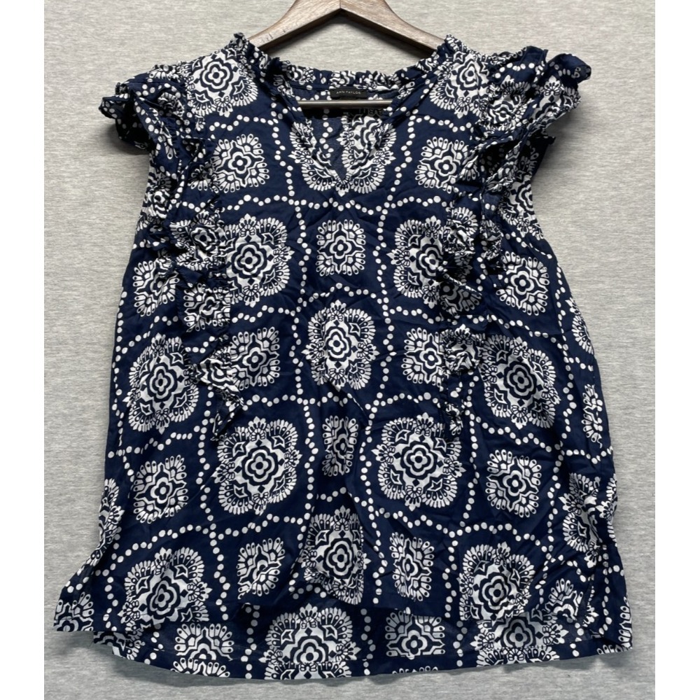 Ann Taylor Blouse Top Women L Navy Blue Medallion Print Ruffle Sleeve Split Neck